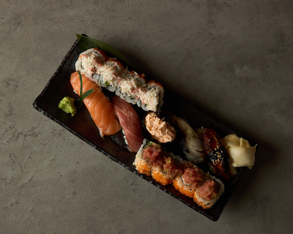 Overhead flat-lay of the full Tokyo Lush Roll platter